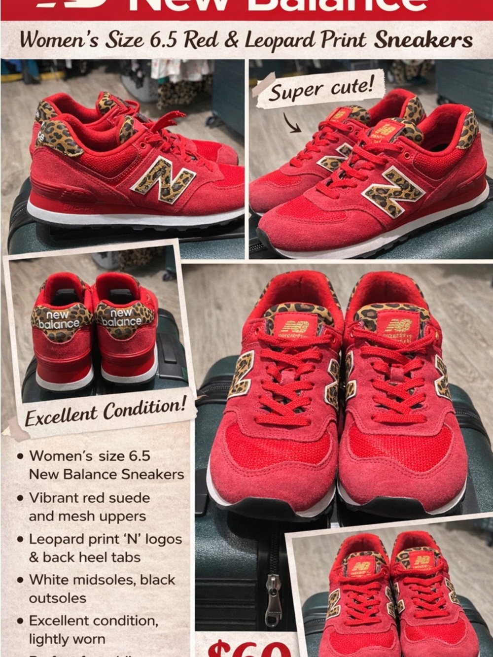 New Balance Women’s Red Sneakers with Leopard Print Accents